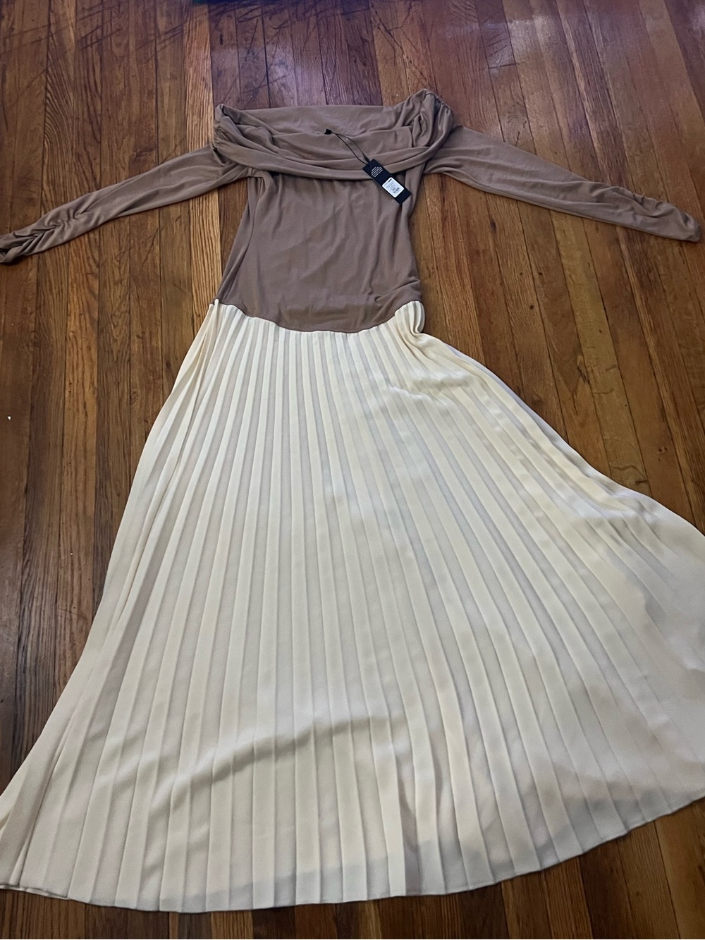 Fashion Nova Taupe and Cream Pleated Maxi Dress